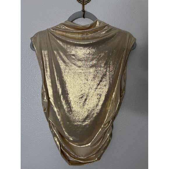 NWT Anthropologie Maeve Mock Neck Ruched Shine Tank Top Gold Metallic Size Large - Picture 3 of 8